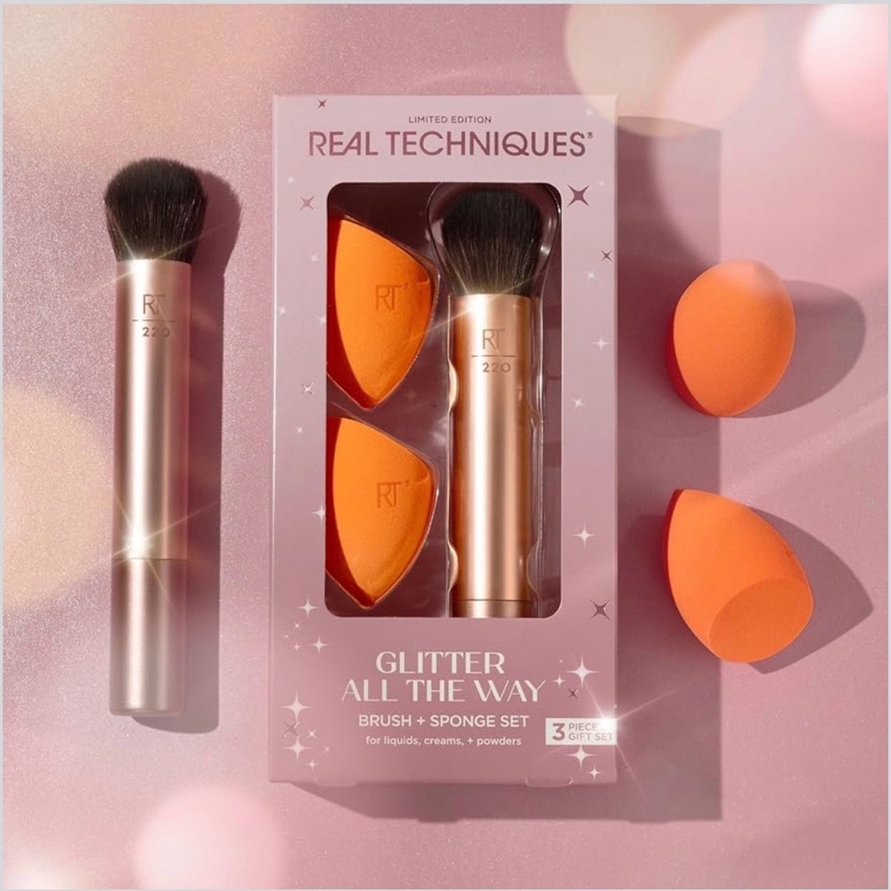 Real Techniques NEW Glitter all the Way 3 Piece Brush and Sponge Set